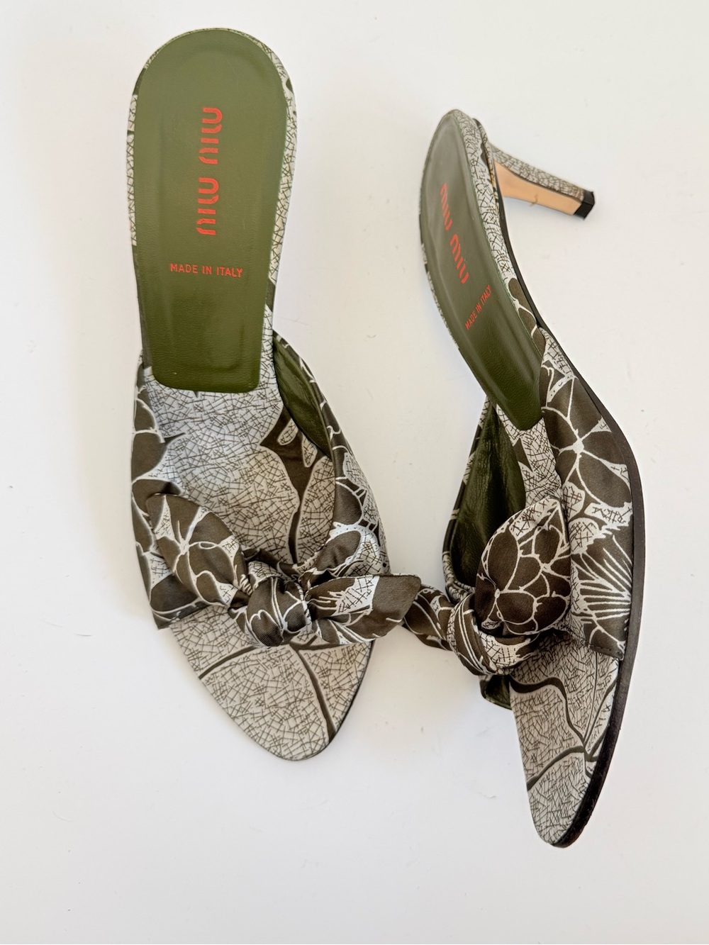 Miu Miu Archive Olive Green Grey Floral Bow Kitten Heel Mules Y2K EU 37